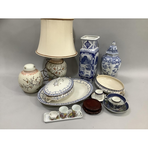 95 - A Chinese blue and white stick stand, a Chinese blue and white jar and cover, a large blue and white... 