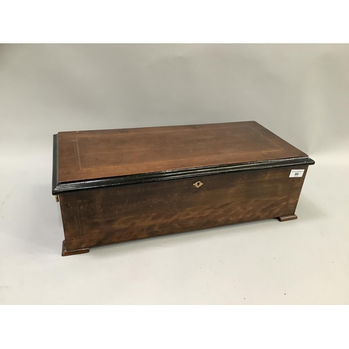 80 - A late 19th century walnut musical box inlaid with boxwood stringing, playing on a 19cm cylinder