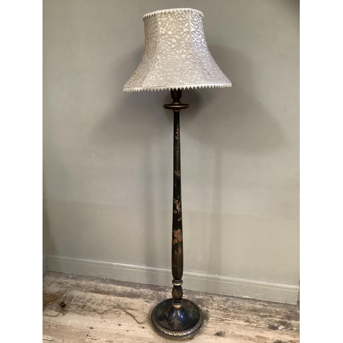 502 - An early 20th century chinoiserie lamp, black lacquer with vintage decoration together with shade