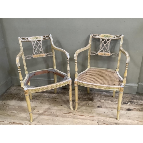 510 - A pair of cream painted open armchairs having a pierced top rail, trellis splat and tie rail, berger... 