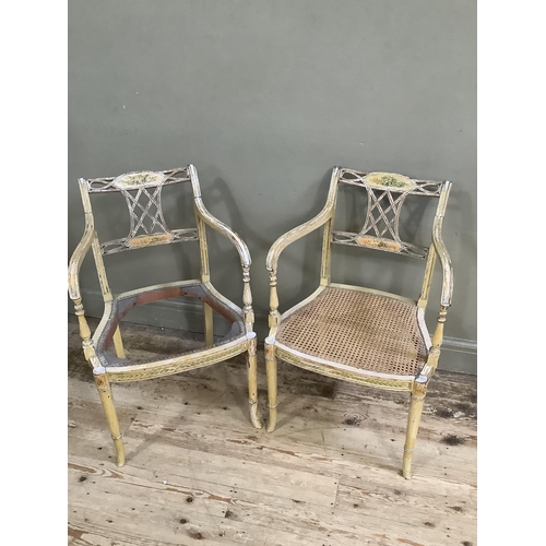 510 - A pair of cream painted open armchairs having a pierced top rail, trellis splat and tie rail, berger... 