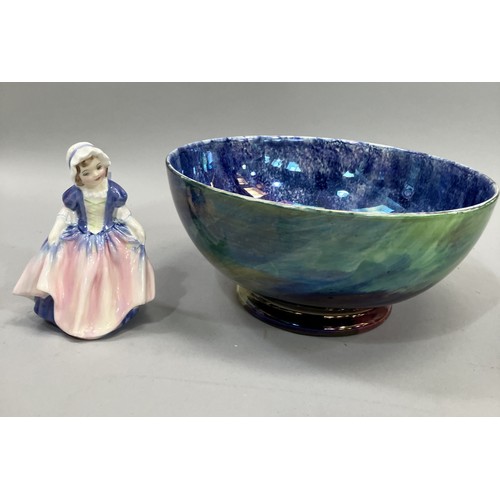 65 - A Malingware lustre bowl with greens, blues and pink together with a Royal Doulton Dinky Doo figure