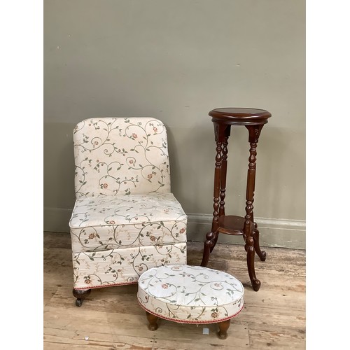 117 - A bedroom chair and footstool, the bedroom chair having a fold over seat for storage both upholstere... 