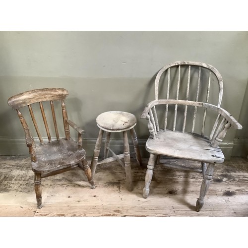 120 - A stripped elm small Windsor chair together with a stripped  pine, tree legged milking stool, togeth... 