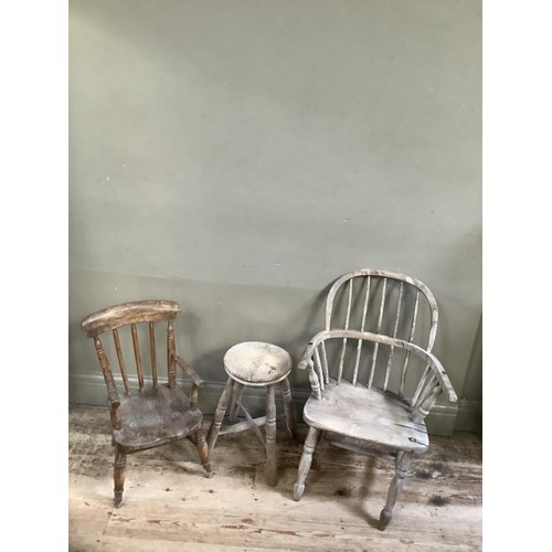 120 - A stripped elm small Windsor chair together with a stripped  pine, tree legged milking stool, togeth... 