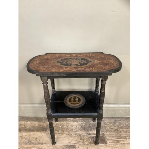 478 - A 19th century ebonised and marquetry two-tier table, 67cm high x 57cm wide x 29cm deep