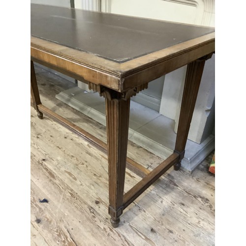 507 - 1920's/30's library table with incised leather surface, on square tapered and reeded legs joined by ... 