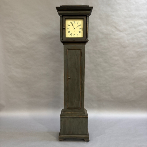 314 - A reproduction oak painted grandfather clock, roman numerals, pendulum and three weights, striking o... 