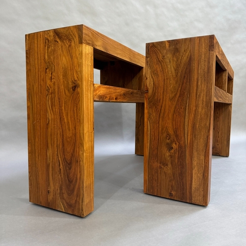 342 - A pair of open fronted Marks and Spencers hard wood console tables, 125cm wide, 76cm high, 31cm deep