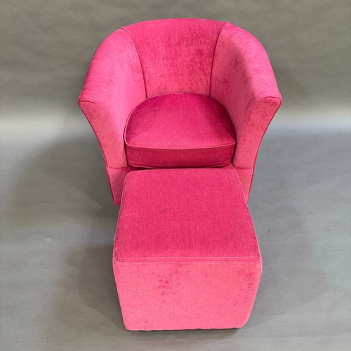 345 - A modern tub chair and foot stool upholstered in hot pink