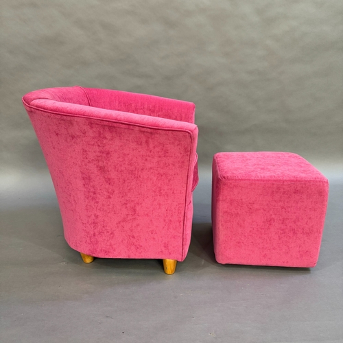 345 - A modern tub chair and foot stool upholstered in hot pink