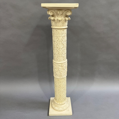 337 - A composite torchere stand carved with hunting scenes and floral scrolls, on square base, 25cm squar... 