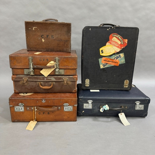 108 - A collection of six vintage travel cases, four of them leather, various sizes