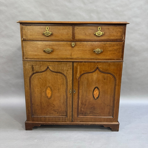 328 - A Victorian mahogany cupboard with satinwood inlay,, two short drawers above one long drawer, the lo... 