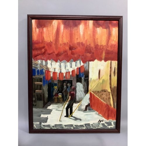 334 - Oil on canvas, street scene with fabrics of red, white and blue hanging overhead, indistinctly signe... 