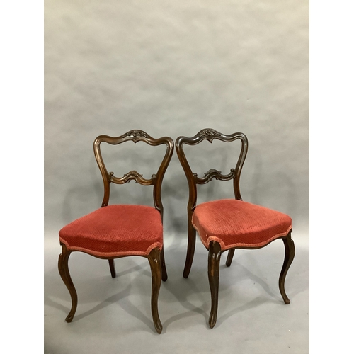 105 - A pair of Victorian rosewood salon chairs, carved serpentine back with floral decoration and on cabr... 