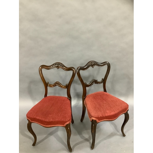 105 - A pair of Victorian rosewood salon chairs, carved serpentine back with floral decoration and on cabr... 