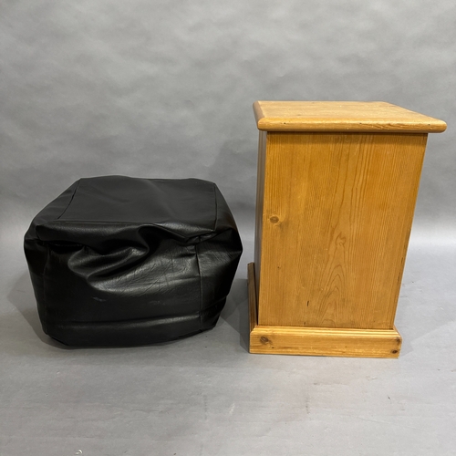 107 - A pine storage box with hinged lid 41cm wide, 63cm high, 40cm deep together with a faux leather pouf... 