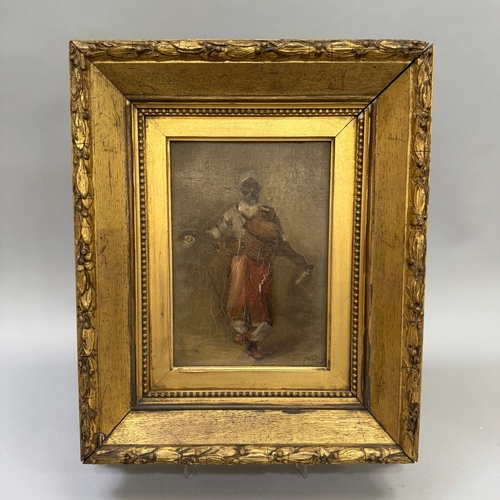 331 - A 19th century English school portrait of an Indian fakir, full length, carrying a flagon and bowl, ... 