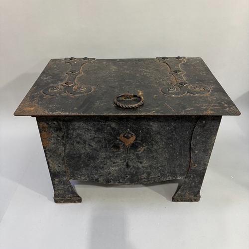 320 - An Arts & Crafts japanned tin coal box, rectangular, with scrolled strapwork hinges and fleur-de-lys... 