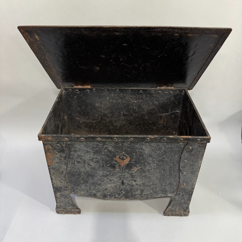 320 - An Arts & Crafts japanned tin coal box, rectangular, with scrolled strapwork hinges and fleur-de-lys... 