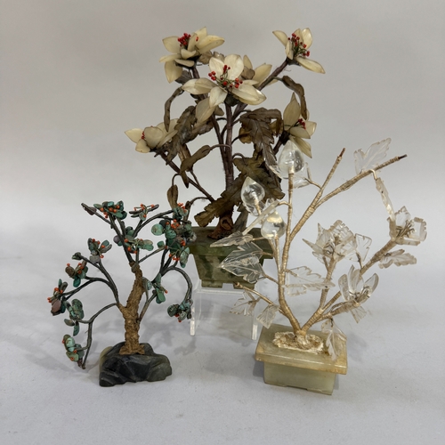 20B - Three early 20th century Chinese hardstone and crystal ornamental trees, 19cm, 16cm and 11cm high