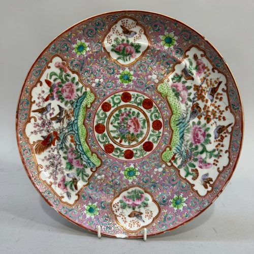 66 - A 19th century Chinese famille rose plate enamelled with song birds amongst peonies and other blosso... 