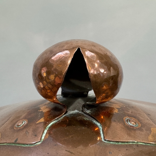 70 - Arts & Crafts copper two-handled coal vase, the domed cover having a bud finial and a pair of strap ... 