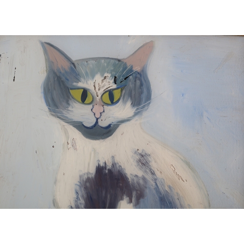 78 - Anon, 20th century, a grey and white cat with green eyes, sitting upon a brown tasselled cushion, re... 