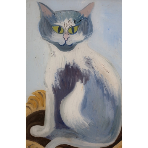 78 - Anon, 20th century, a grey and white cat with green eyes, sitting upon a brown tasselled cushion, re... 