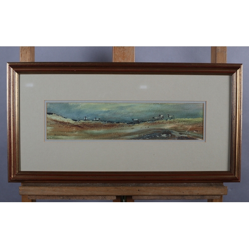 34 - ARR Brian Irving (1931-2013), Moorland with sheep, watercolour, signed to lower left, 8.5cm x 36.5cm