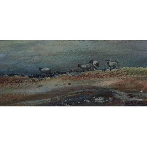 34 - ARR Brian Irving (1931-2013), Moorland with sheep, watercolour, signed to lower left, 8.5cm x 36.5cm