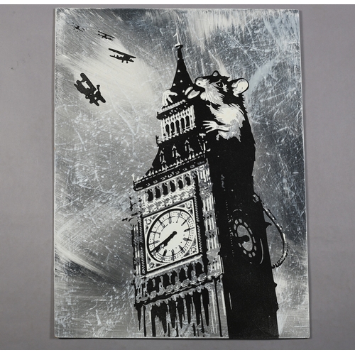 75 - ARR  Rourke Van Dal (Craig Everett) (British 20/21st century), 'Rat on Big Ben', spray paint and acr... 