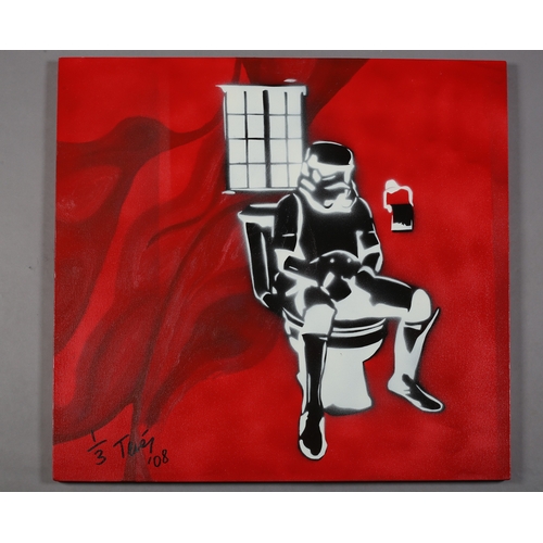 124 - ARR Teves (French 20/21st) Dark Stormpooper spray paint stencil on red, reverse monochrome, signed, ... 