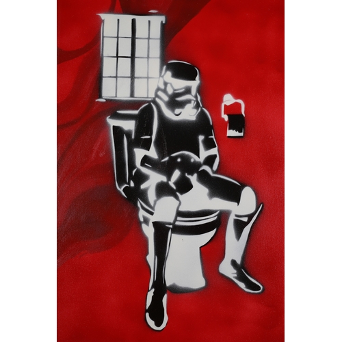 124 - ARR Teves (French 20/21st) Dark Stormpooper spray paint stencil on red, reverse monochrome, signed, ... 