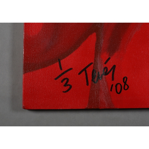 124 - ARR Teves (French 20/21st) Dark Stormpooper spray paint stencil on red, reverse monochrome, signed, ... 