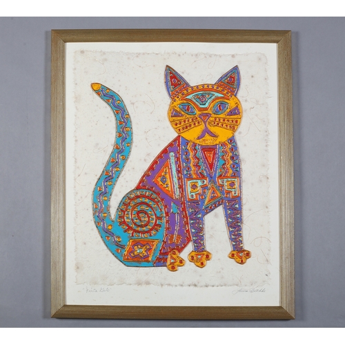 82 - ARR Laura A Bethke Fiesta Cat, acrylic paint, copper foil on matting board, signed and titled to the... 