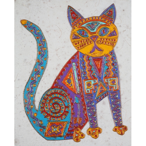 82 - ARR Laura A Bethke Fiesta Cat, acrylic paint, copper foil on matting board, signed and titled to the... 