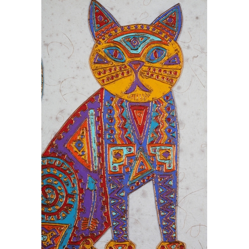 82 - ARR Laura A Bethke Fiesta Cat, acrylic paint, copper foil on matting board, signed and titled to the... 