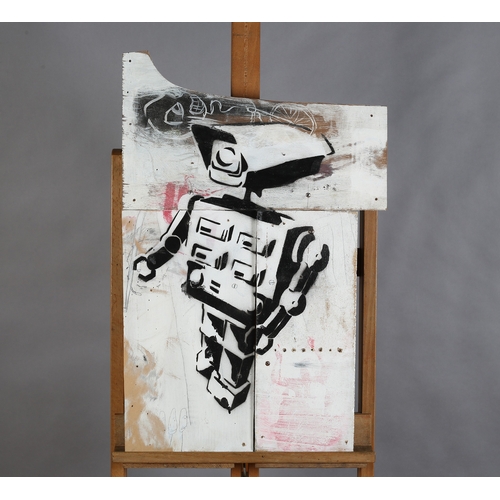 114 - ARR Maddy Dickerson (20/21st Century) 'CCTV Toy' spray paint/acrylic stencil on wood, signed and no.... 