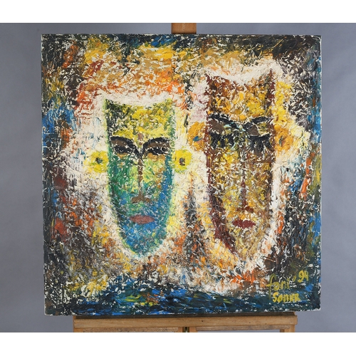 80 - Fani Sanur 20/21st Tribal Face Masks, oil on canvas, signed & dated (19)91 to lower right 60cm x 60c... 