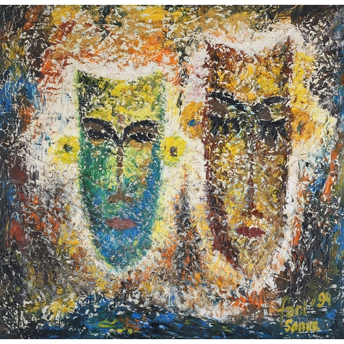 80 - Fani Sanur 20/21st Tribal Face Masks, oil on canvas, signed & dated (19)91 to lower right 60cm x 60c... 