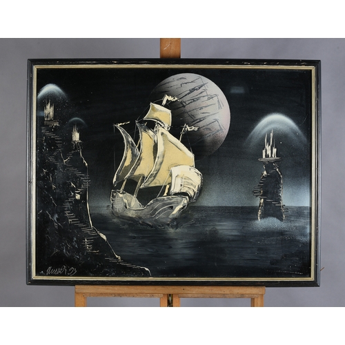 77 - Juan Ramon Venegas Calzada (Mexico), Moon Ship with Island towers, spray paint, signed and dated (19... 