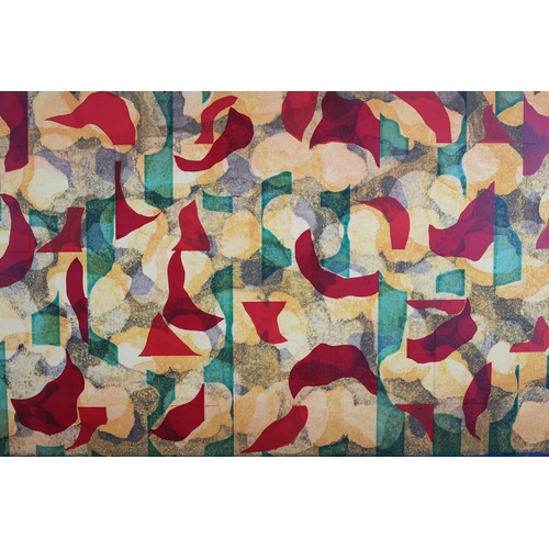 116 - ARR After Barry West, Abstract Garden inspired screen print on board, 61cm x 125cm, exhibited in the... 