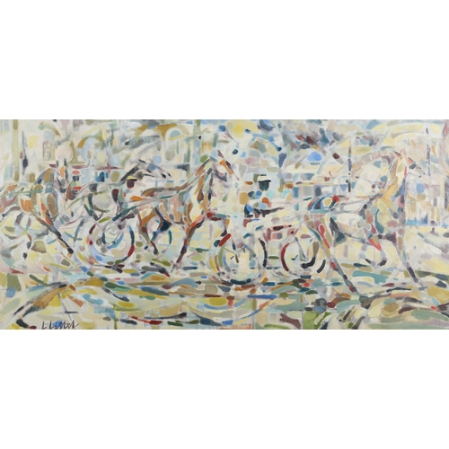 125 - ARR L Littel (Monaco c1965) Horses, abstract in yellow, blue, green and brown, on canvas, signed to ... 