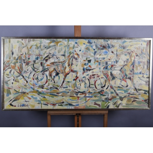 125 - ARR L Littel (Monaco c1965) Horses, abstract in yellow, blue, green and brown, on canvas, signed to ... 