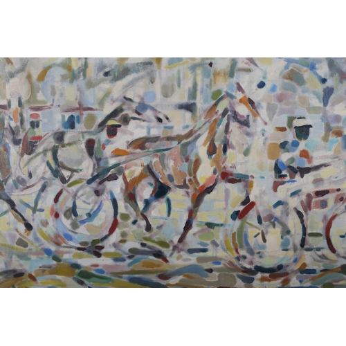 125 - ARR L Littel (Monaco c1965) Horses, abstract in yellow, blue, green and brown, on canvas, signed to ... 