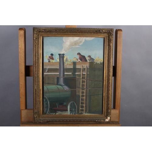 29 - British (20th century), Harvesting, a steam traction engine threshing machine and figures, oil on ca... 