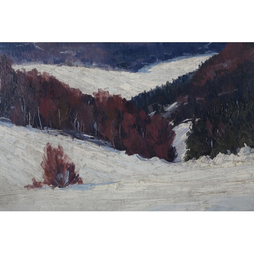 23 - Early 20th century, European School, snow covered wooded sloped, oil on canvas, indistinctly signed ... 