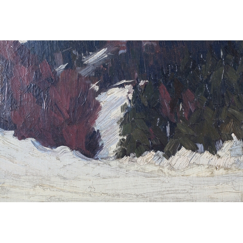 23 - Early 20th century, European School, snow covered wooded sloped, oil on canvas, indistinctly signed ... 